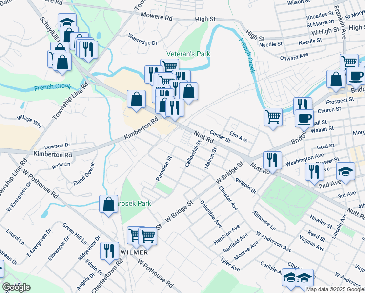 map of restaurants, bars, coffee shops, grocery stores, and more near 119 Pennsylvania Avenue in Phoenixville