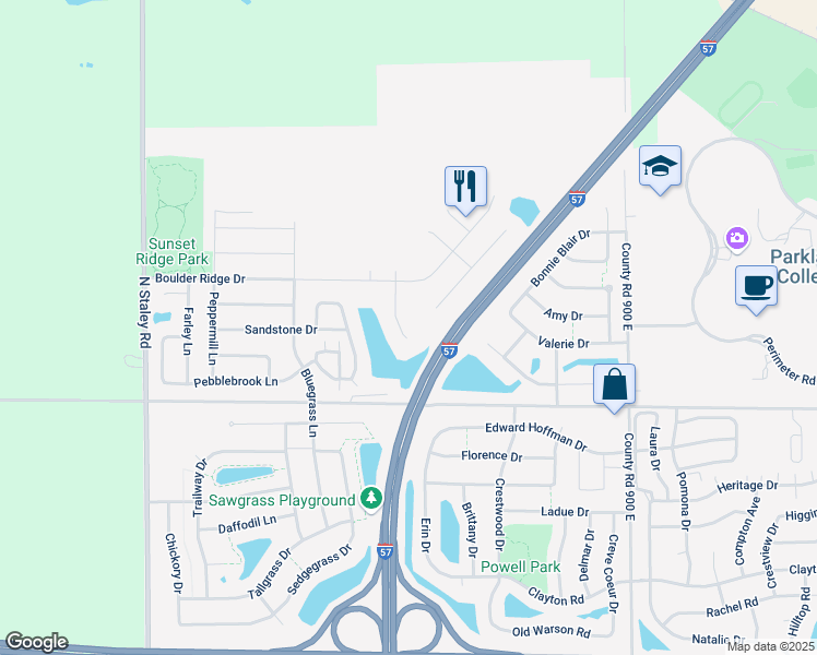 map of restaurants, bars, coffee shops, grocery stores, and more near 1307 Cobblestone Way in Champaign