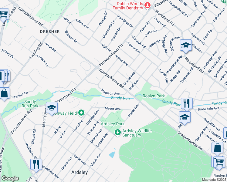 map of restaurants, bars, coffee shops, grocery stores, and more near 2943 Madison Avenue in Roslyn