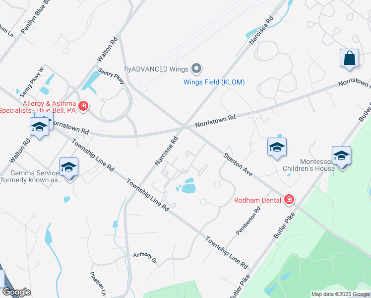 map of restaurants, bars, coffee shops, grocery stores, and more near 14 Yorktown Court in Blue Bell