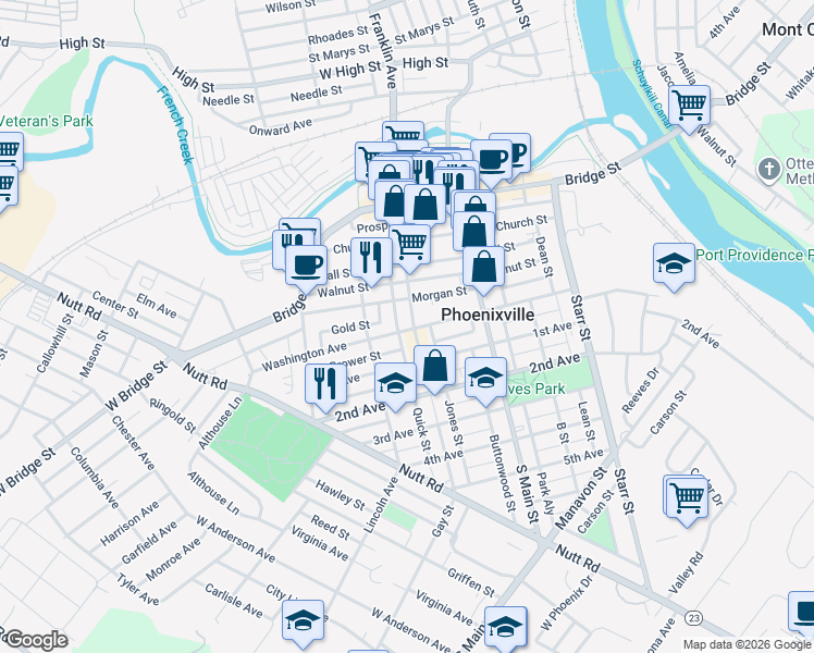 map of restaurants, bars, coffee shops, grocery stores, and more near 182 Gay Street in Phoenixville