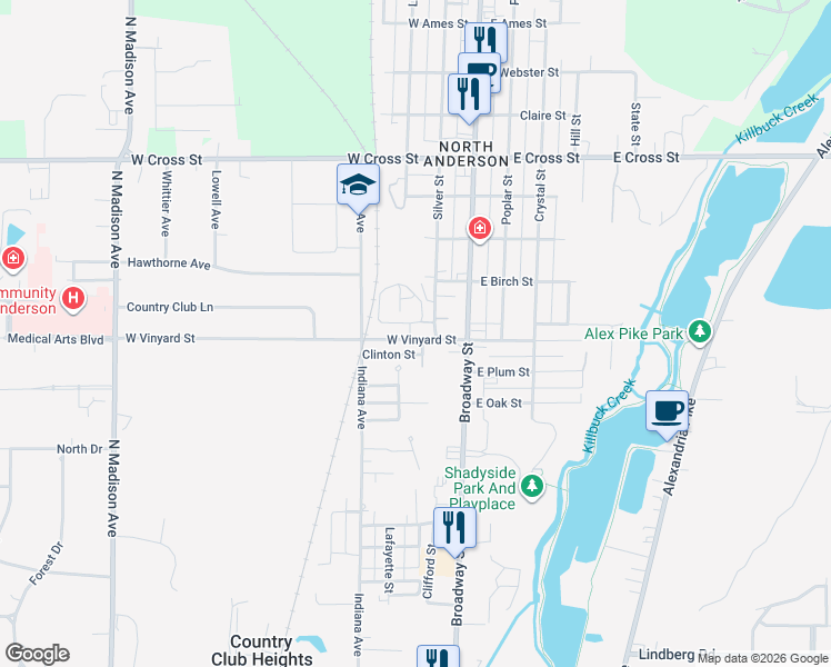 map of restaurants, bars, coffee shops, grocery stores, and more near 115 West Vinyard Street in Anderson