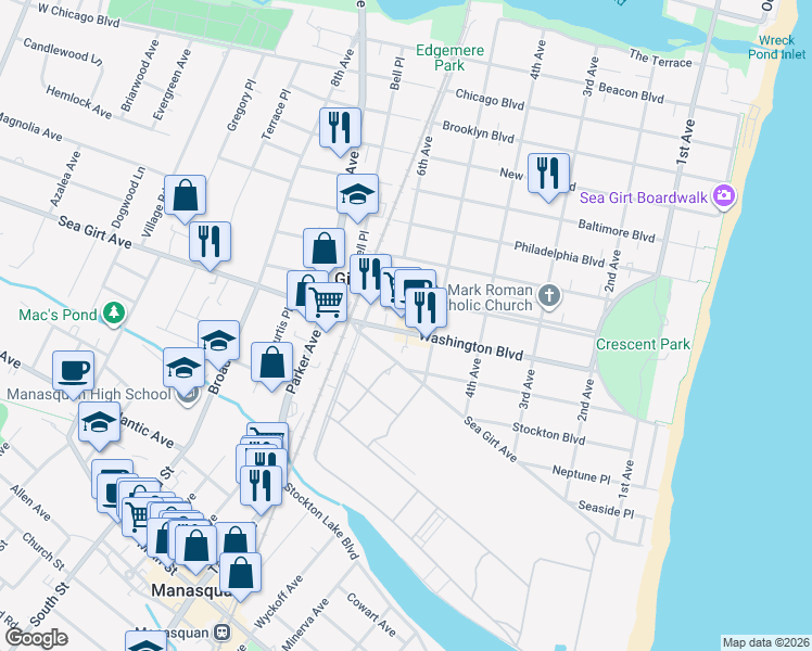 map of restaurants, bars, coffee shops, grocery stores, and more near 511 Sea Girt Avenue in Sea Girt