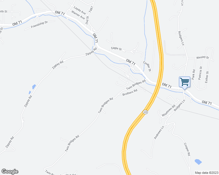 map of restaurants, bars, coffee shops, grocery stores, and more near 391 Twin Bridges Road in Charleroi