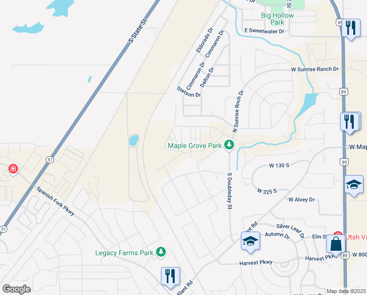 map of restaurants, bars, coffee shops, grocery stores, and more near 83 South Lunar Way in Mapleton