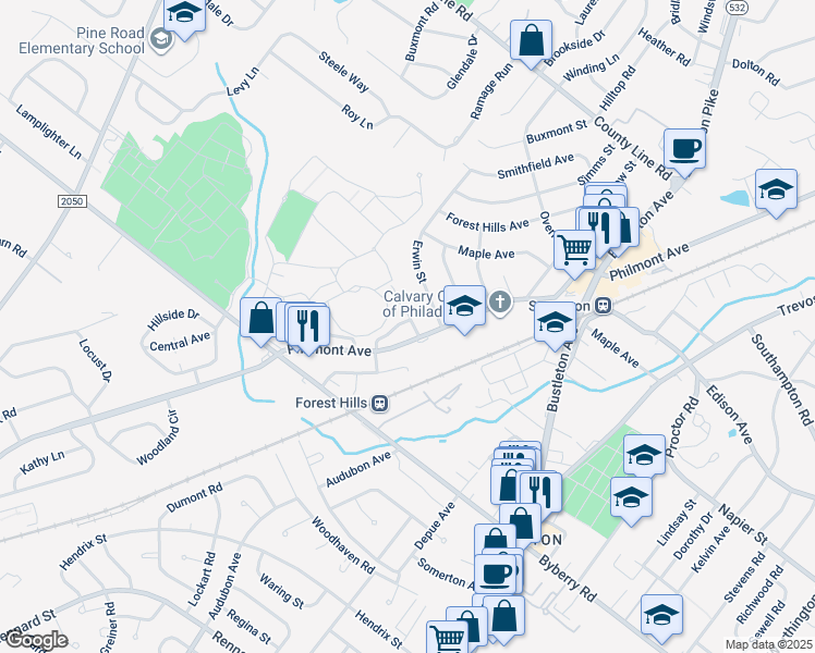 map of restaurants, bars, coffee shops, grocery stores, and more near 13366 Susan Terrace in Philadelphia