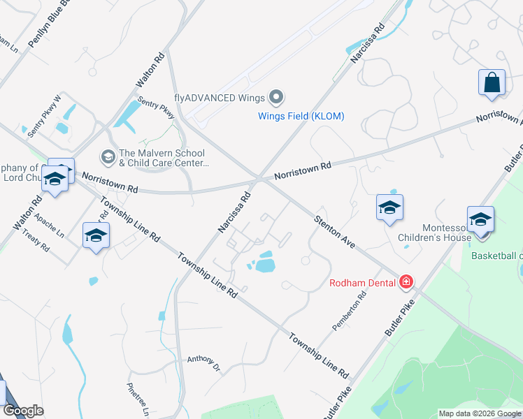 map of restaurants, bars, coffee shops, grocery stores, and more near 36 Yorktown Court in Blue Bell