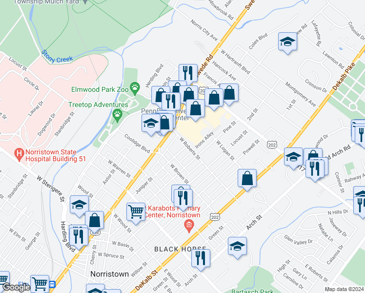 map of restaurants, bars, coffee shops, grocery stores, and more near 300 West Roberts Street in Norristown