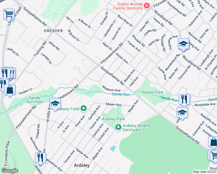 map of restaurants, bars, coffee shops, grocery stores, and more near 2959 Madison Avenue in Abington