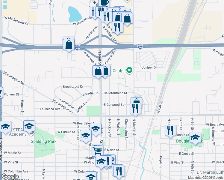 map of restaurants, bars, coffee shops, grocery stores, and more near 1312 North Hickory Street in Champaign
