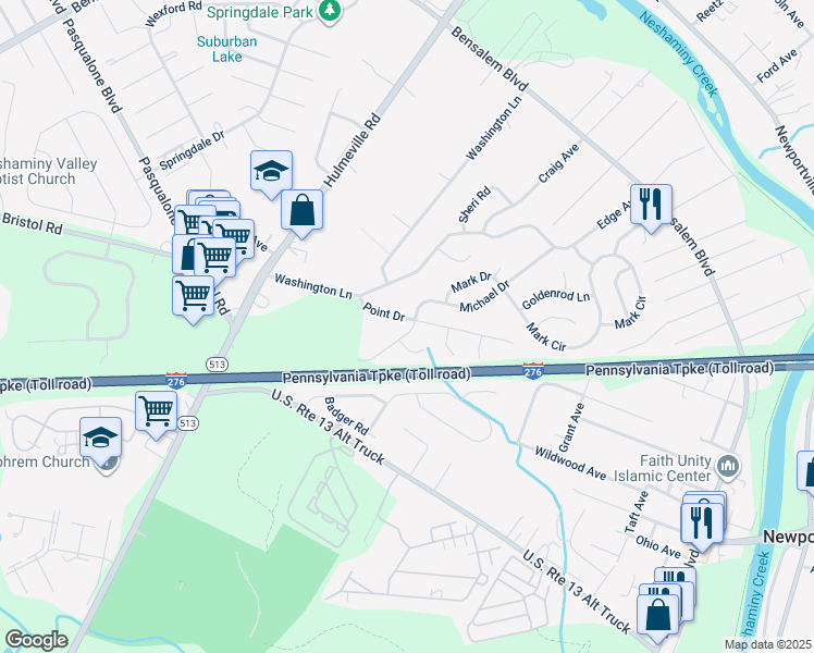map of restaurants, bars, coffee shops, grocery stores, and more near 1657 Point Drive in Bensalem