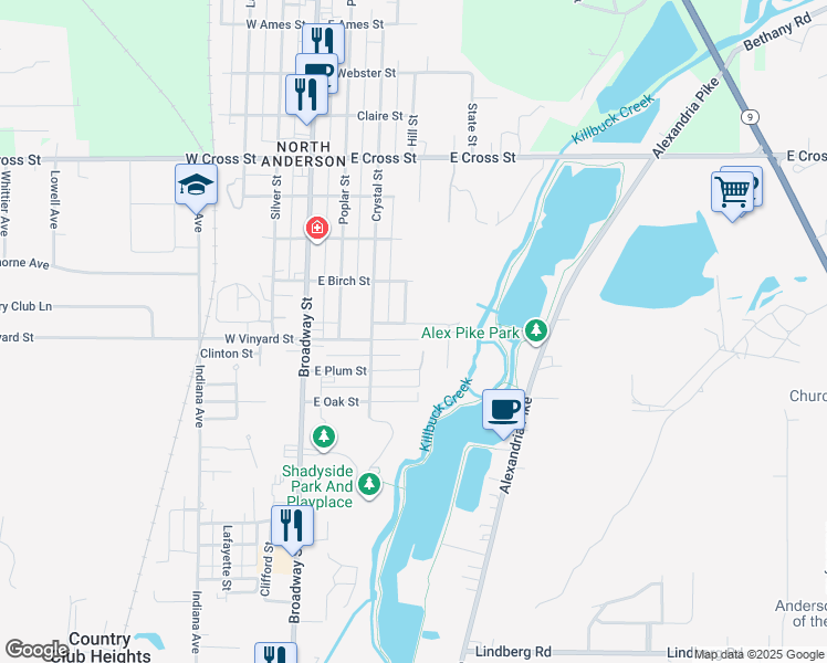 map of restaurants, bars, coffee shops, grocery stores, and more near 225 East Vinyard Street in Anderson