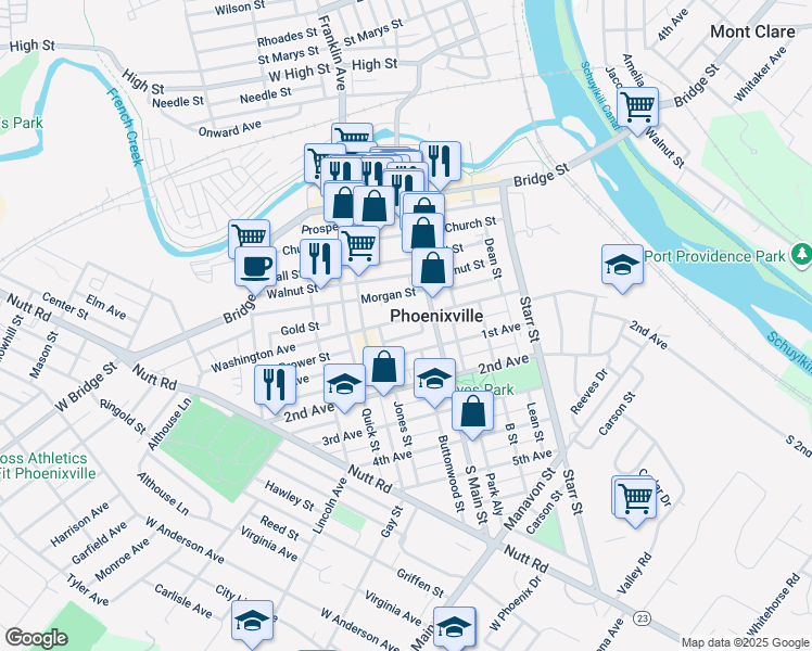 map of restaurants, bars, coffee shops, grocery stores, and more near 212 Washington Avenue in Phoenixville