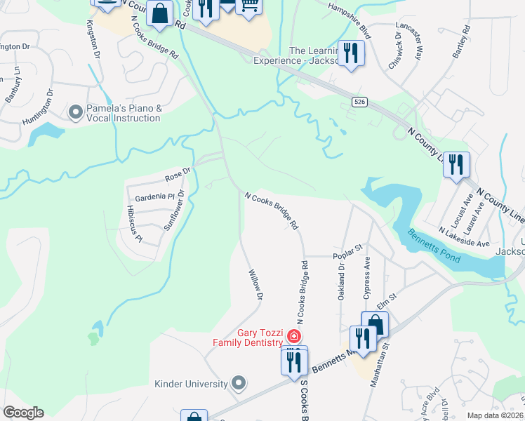 map of restaurants, bars, coffee shops, grocery stores, and more near 128 North Cooks Bridge Road in Jackson Township