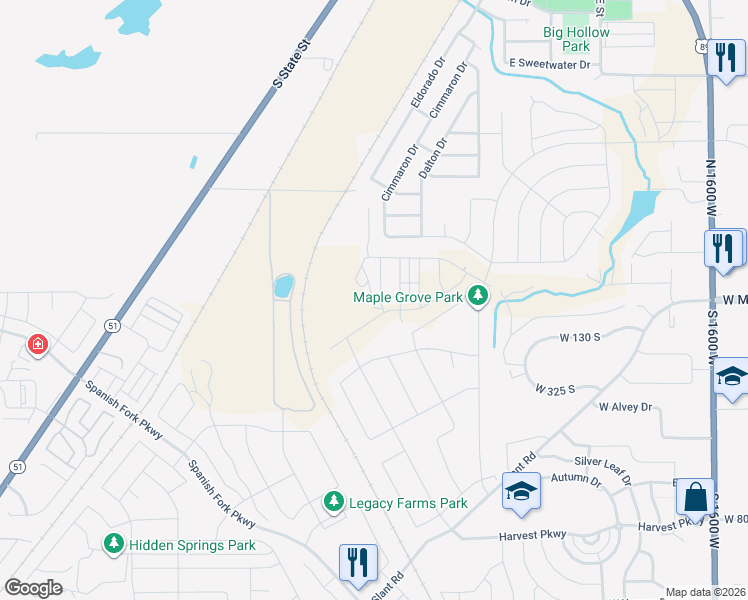 map of restaurants, bars, coffee shops, grocery stores, and more near 172 Santa Fe Drive in Springville