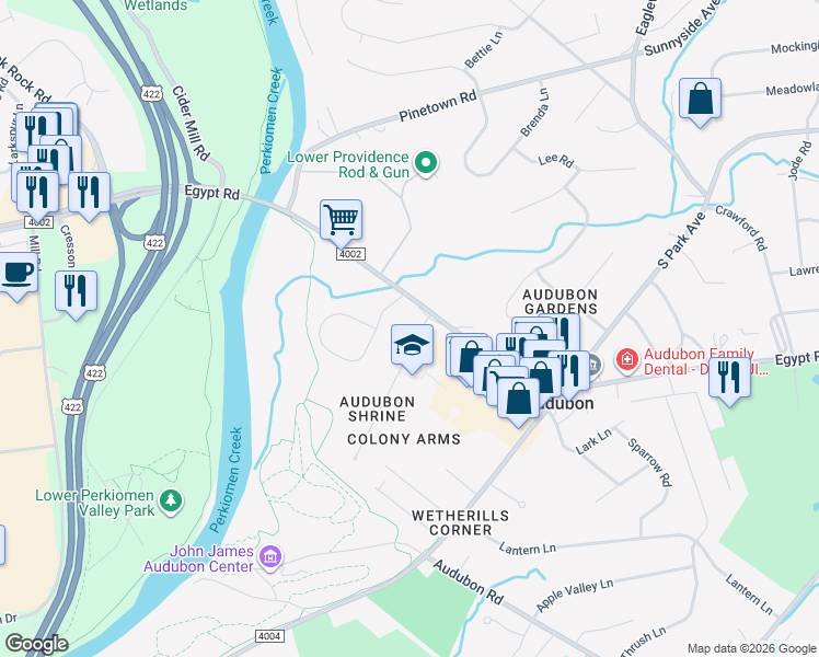 map of restaurants, bars, coffee shops, grocery stores, and more near 825 Mill Grove Drive in Audubon