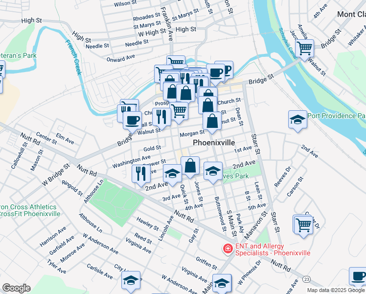 map of restaurants, bars, coffee shops, grocery stores, and more near 213 Gay Street in Phoenixville