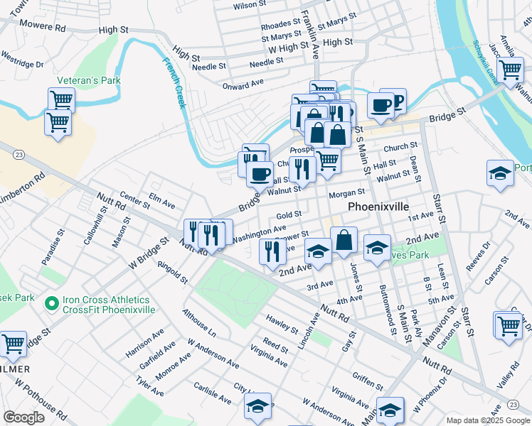 map of restaurants, bars, coffee shops, grocery stores, and more near 129 Buchanan Street in Phoenixville