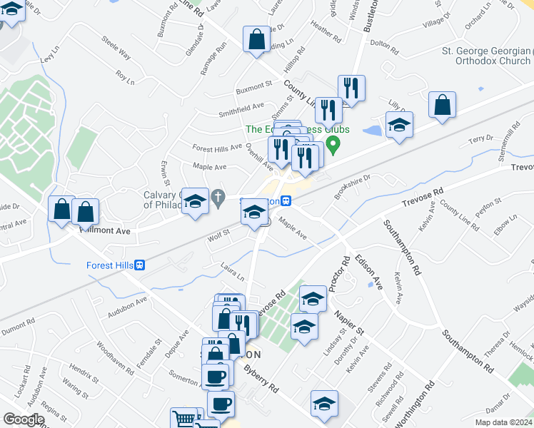 map of restaurants, bars, coffee shops, grocery stores, and more near 13515 Bustleton Avenue in Philadelphia