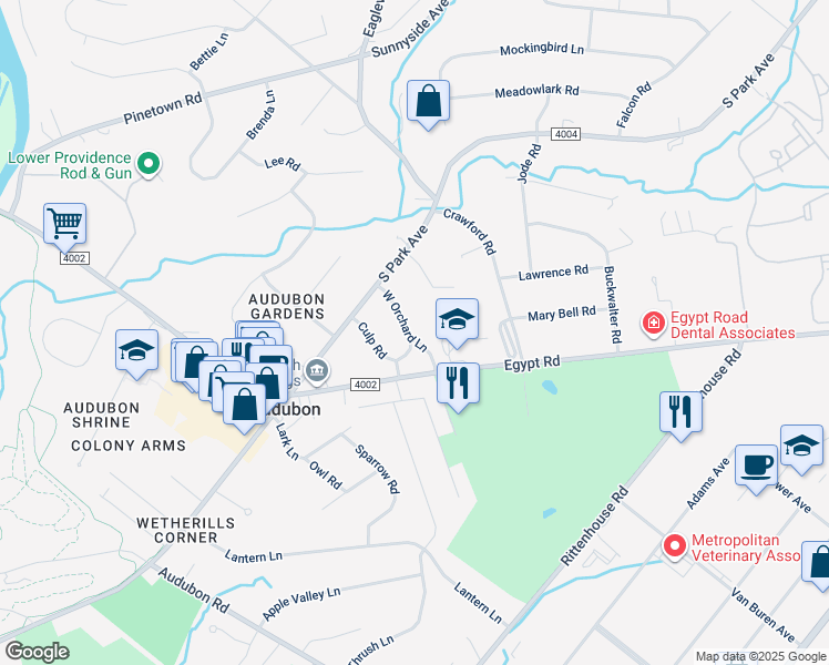 map of restaurants, bars, coffee shops, grocery stores, and more near 16 West Orchard Lane in Eagleville