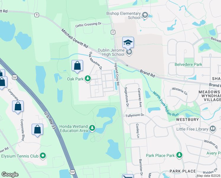 map of restaurants, bars, coffee shops, grocery stores, and more near 6999 Primrose Court in Dublin