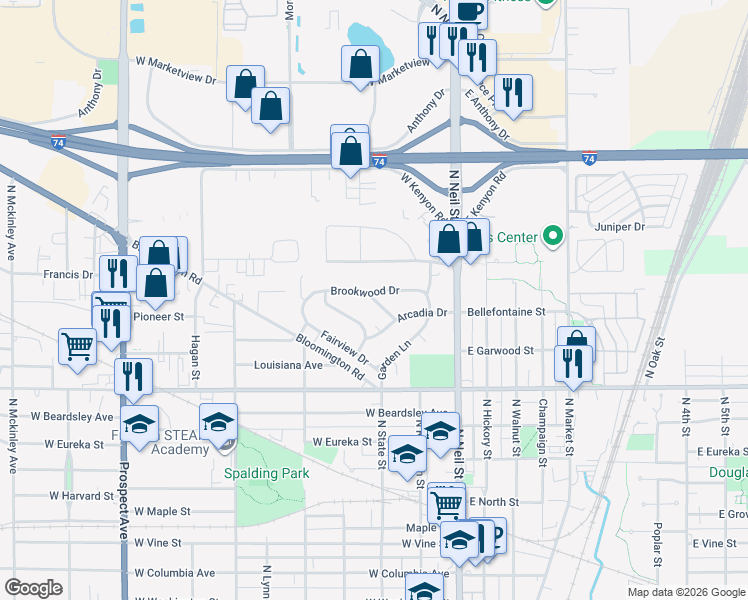 map of restaurants, bars, coffee shops, grocery stores, and more near 212 Arcadia Drive in Champaign
