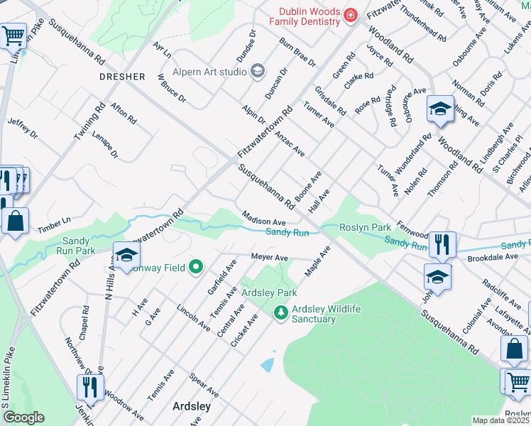 map of restaurants, bars, coffee shops, grocery stores, and more near 2951 Madison Avenue in Roslyn