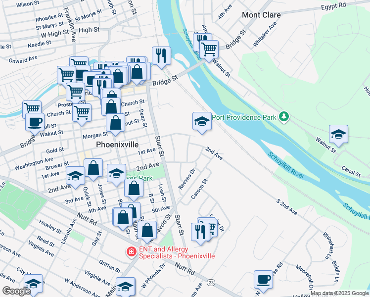 map of restaurants, bars, coffee shops, grocery stores, and more near 308 Locust Drive in Phoenixville