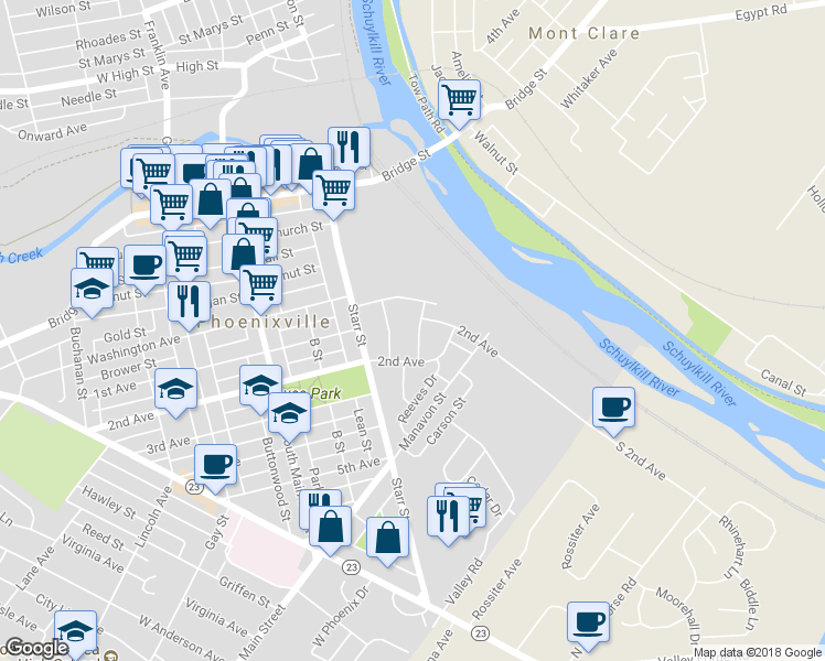 map of restaurants, bars, coffee shops, grocery stores, and more near 308 Locust Drive in Phoenixville