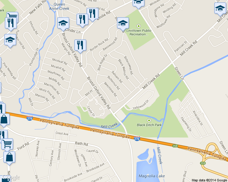 map of restaurants, bars, coffee shops, grocery stores, and more near 22 Beechtree Road in Levittown