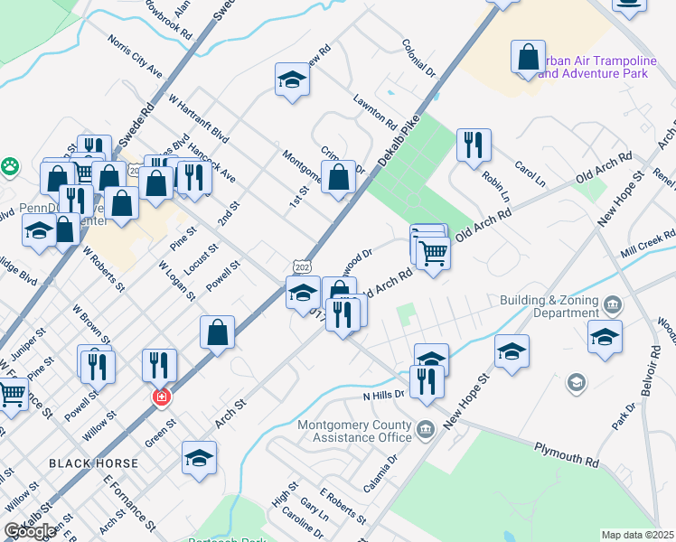 map of restaurants, bars, coffee shops, grocery stores, and more near 2009 Birchwood Drive in Norristown