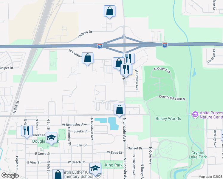 map of restaurants, bars, coffee shops, grocery stores, and more near 1903 North Lincoln Avenue in Urbana