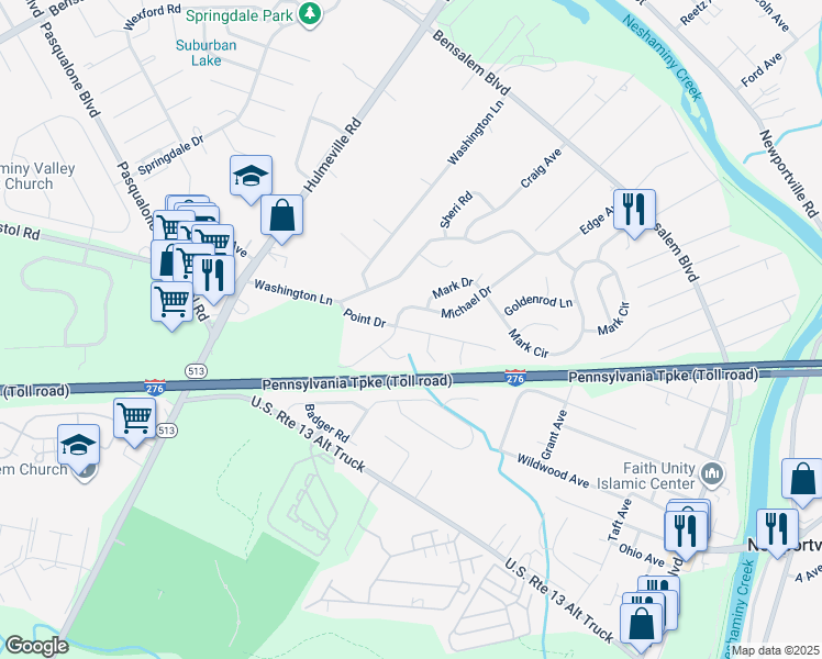 map of restaurants, bars, coffee shops, grocery stores, and more near 1657 Point Drive in Bensalem