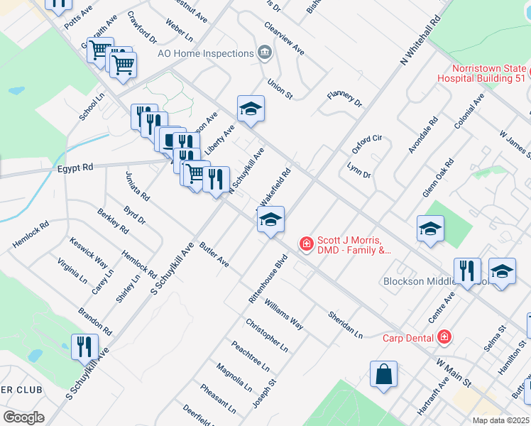 map of restaurants, bars, coffee shops, grocery stores, and more near 10 North Wakefield Road in Norristown