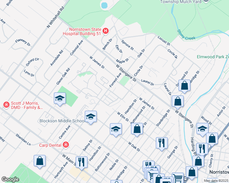 map of restaurants, bars, coffee shops, grocery stores, and more near 1321 West Beech Street in Norristown