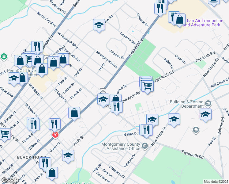 map of restaurants, bars, coffee shops, grocery stores, and more near 2009 Birchwood Drive in Norristown