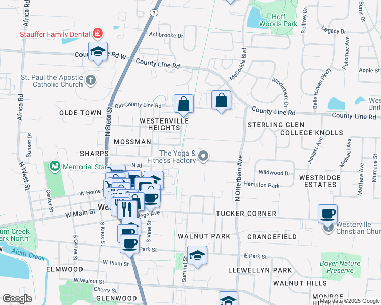 map of restaurants, bars, coffee shops, grocery stores, and more near 175 East Broadway Avenue in Westerville