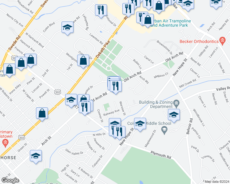 map of restaurants, bars, coffee shops, grocery stores, and more near 2014 Old Arch Road in Norristown