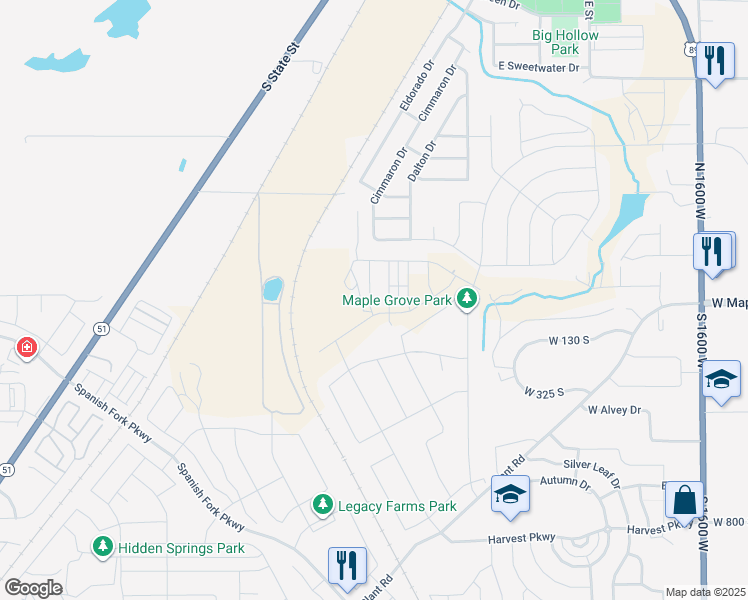 map of restaurants, bars, coffee shops, grocery stores, and more near 77 South Lunar Way in Mapleton
