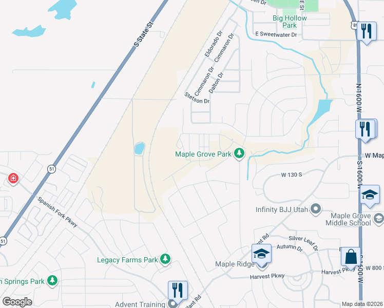 map of restaurants, bars, coffee shops, grocery stores, and more near 172 Santa Fe Drive in Springville