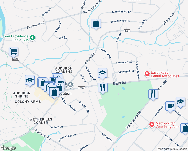 map of restaurants, bars, coffee shops, grocery stores, and more near 16 West Orchard Lane in Eagleville