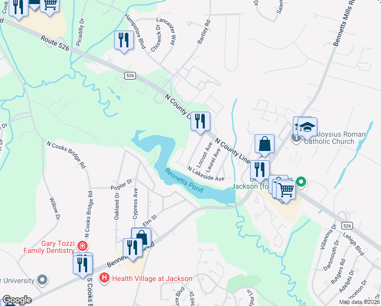 map of restaurants, bars, coffee shops, grocery stores, and more near 38 Forest Hill Avenue in Jackson Township