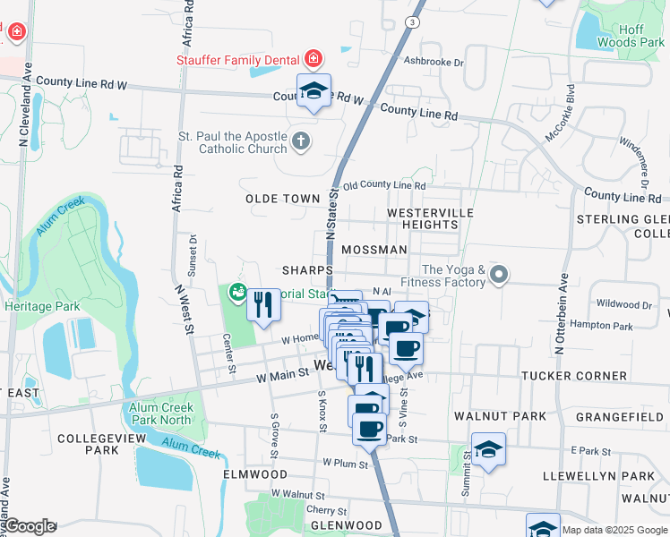 map of restaurants, bars, coffee shops, grocery stores, and more near 160 North State Street in Westerville