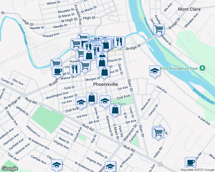map of restaurants, bars, coffee shops, grocery stores, and more near in Phoenixville