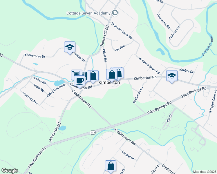 map of restaurants, bars, coffee shops, grocery stores, and more near 2202 Kimberton Road in Phoenixville