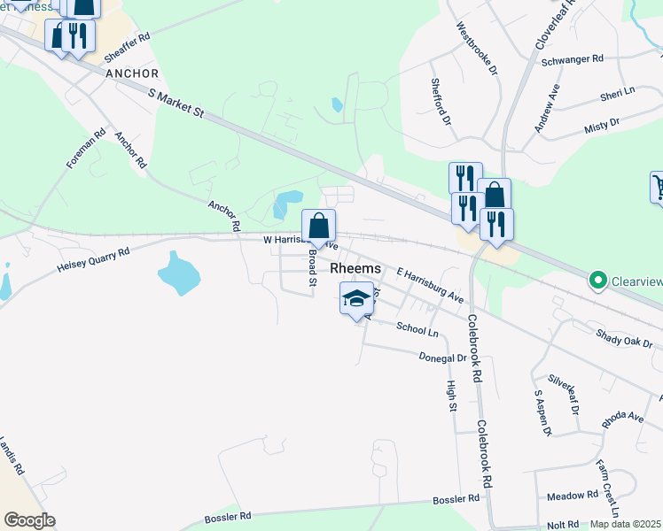 map of restaurants, bars, coffee shops, grocery stores, and more near 117 Broad Street in Elizabethtown