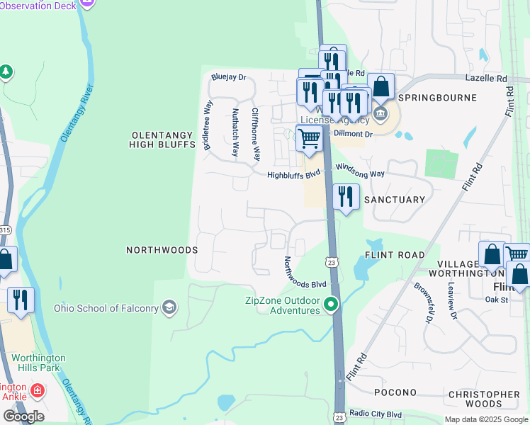 map of restaurants, bars, coffee shops, grocery stores, and more near 8205 Chinook Place in Columbus