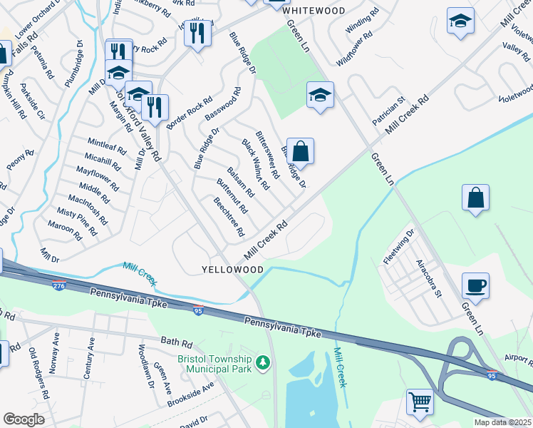 map of restaurants, bars, coffee shops, grocery stores, and more near 9 Balsam Road in Levittown