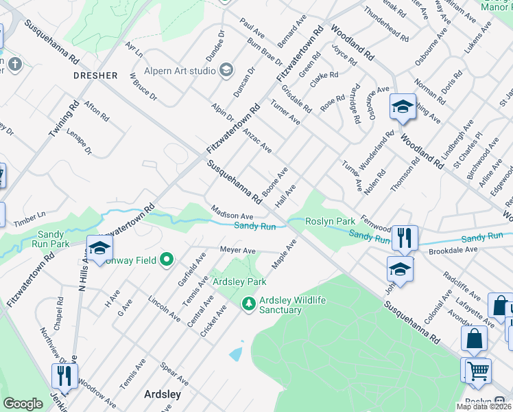 map of restaurants, bars, coffee shops, grocery stores, and more near 2934 Madison Avenue in Abington