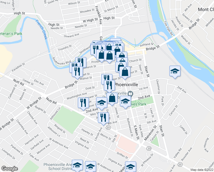 map of restaurants, bars, coffee shops, grocery stores, and more near 151 Washington Avenue in Phoenixville